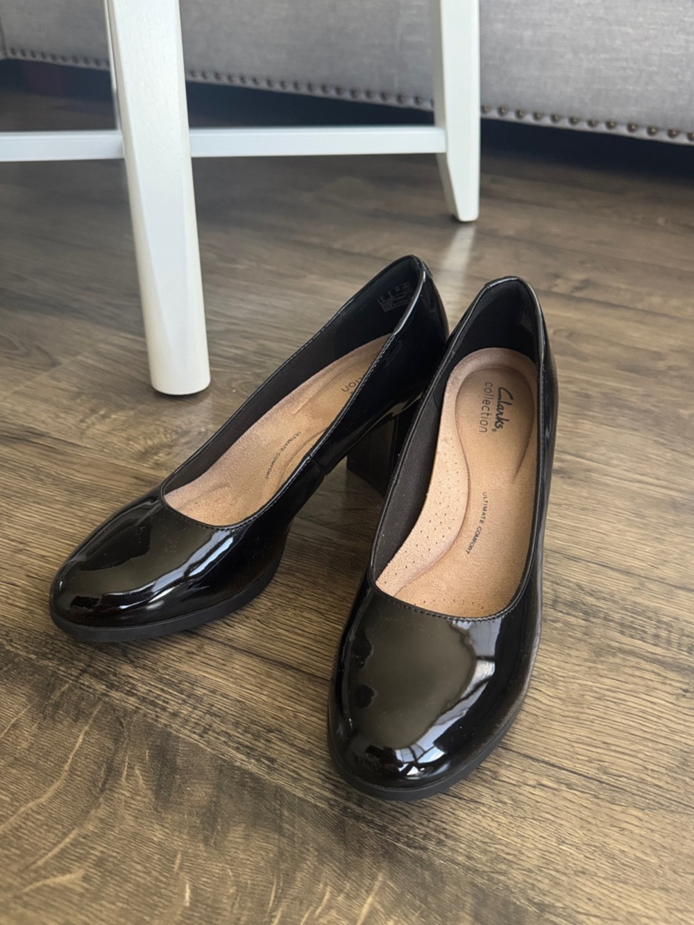 Clarks Black Patent Leather Block Heel Pumps
